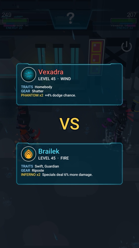 Versus card showing both fighters' traits, gear and set bonuses