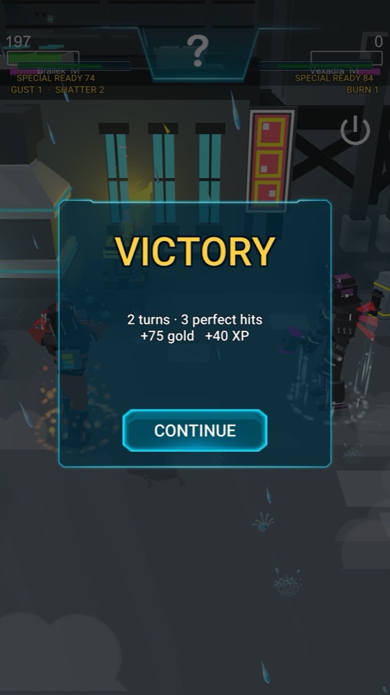Victory screen with gold and XP