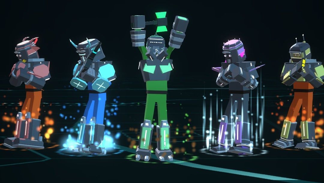 A lineup of five geared BattleMaps fighters