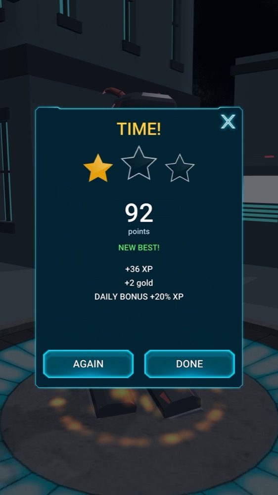 Training results card with stars, XP and gold